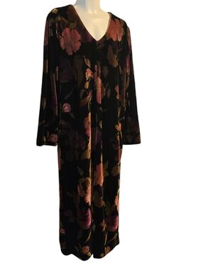 Vintage Vanity Fair Floral Velvet Robe Dress Midi V-Neck Long Sleeve M/L